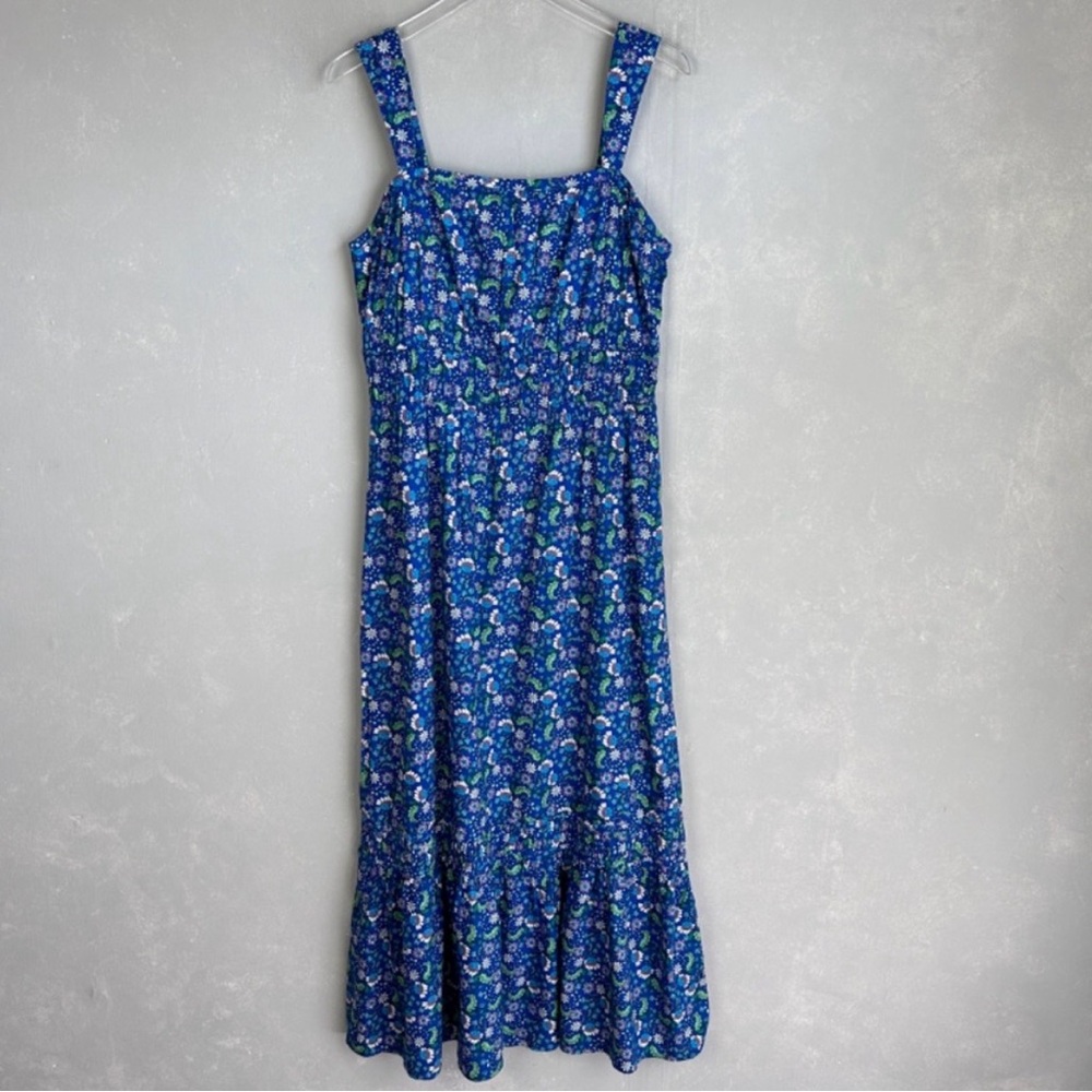 LOFT size L shirred flounce maxi dress blue floral cotton blend sleeveless